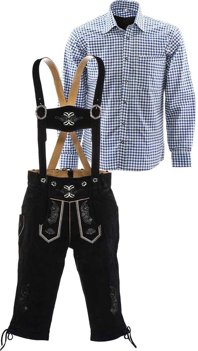 Lederhosen set | Top Kwaliteit | Lederhosen set B (zwarte broek + blauw overhemd), L, 54